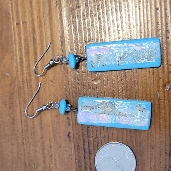 Blue hook long rectangle print earrings - Picture 2 of 4